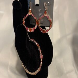 Elegant Pink and Orange Cubic Zirconia earrings and bracelet Jewelry Set